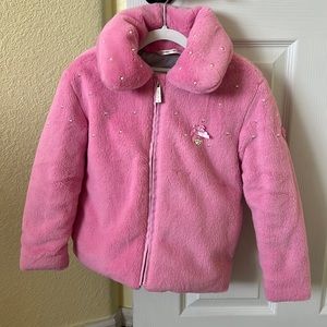 Pink le chic faux fur jacket size 128cm/6-7 excellent condition
